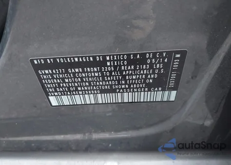 2014 Volkswagen Jetta 1.8T Se из США, поврежденный, VIN 3VWD17AJ6EM298960